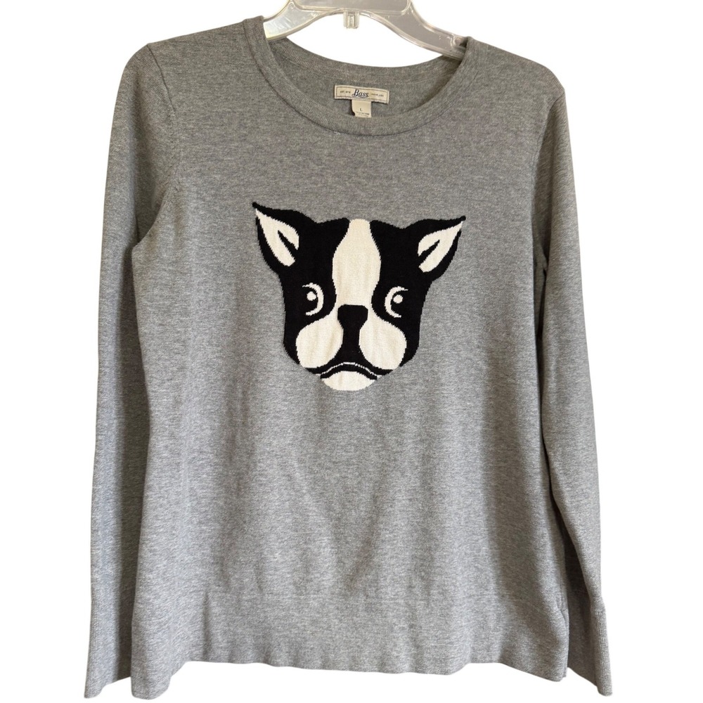 G.H. Bass Womens Boston Terrier Dog Graphic Grey Cotton Pullover Sweater Large